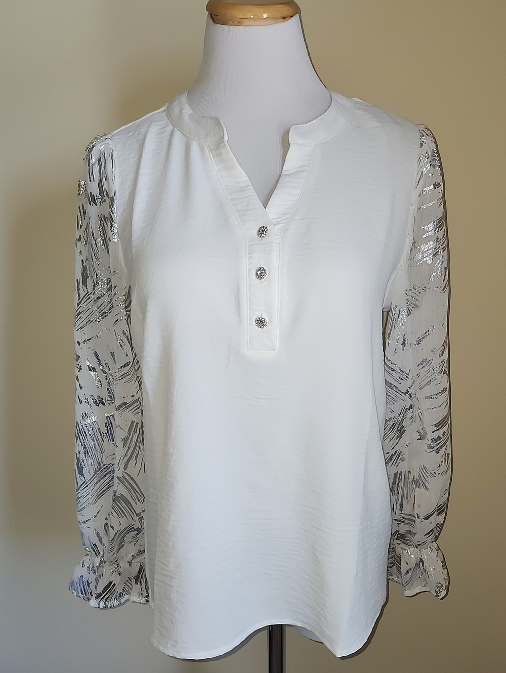Adrienne Vittadini White Blouse with Silver-Print Sheer Sleeves